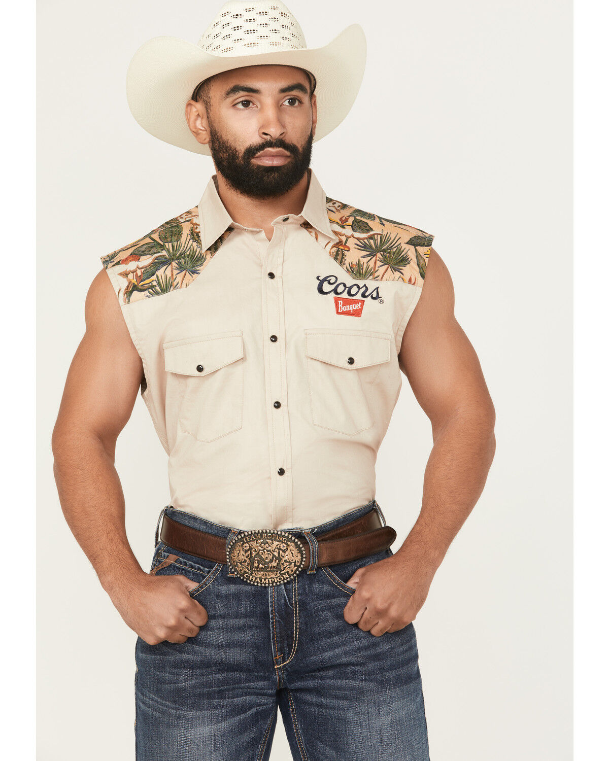 Image #1 - Coors Men's Boot Barn Exclusive Banquet Rodeo Logo Sleeveless Snap Bubba, Natural, hi-res