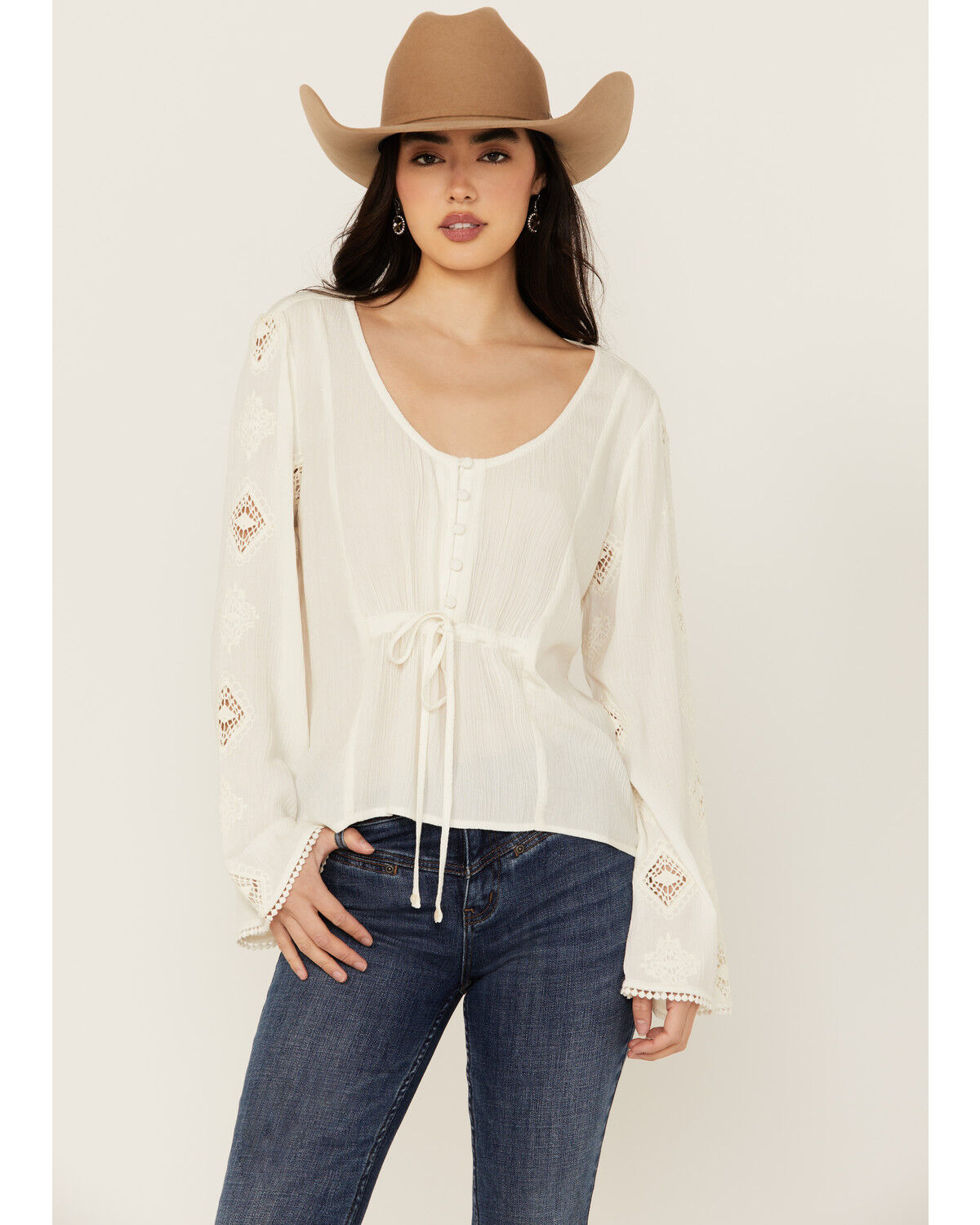 Image #2 - Idyllwind Women's Sharondale Button-Down Embroidered Bell Sleeve Top, Ivory, hi-res