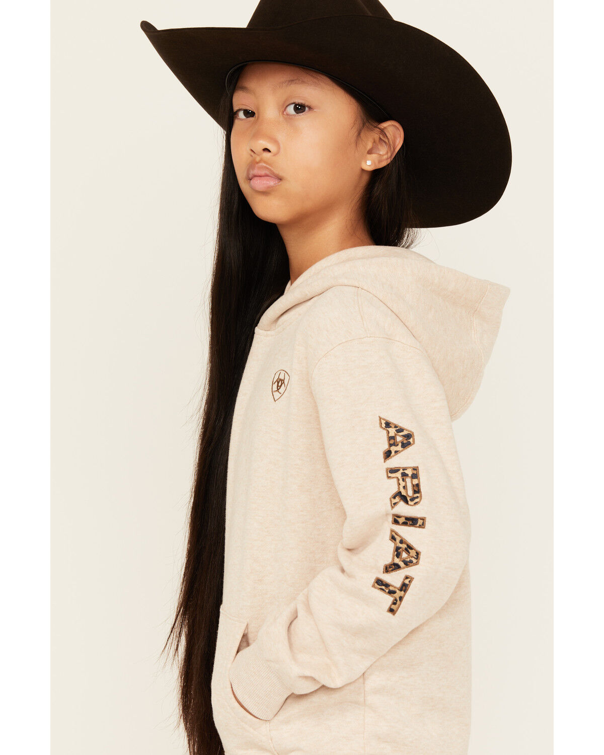 Image #2 - Ariat Girls' Boot Barn Exclusive Leopard Logo Hoodie, Oatmeal, hi-res