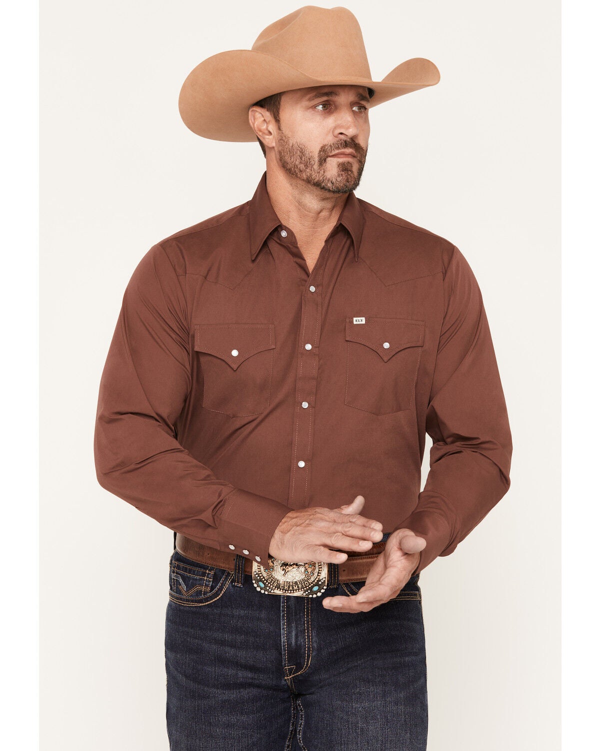 Ely Walker Men's Solid Long Sleeve Pearl Snap Western Shirt - Big, Burgundy, hi-res