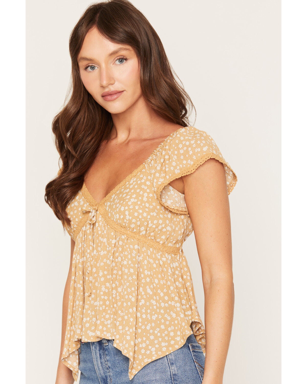 Image #2 - Wild Moss Women's Floral Print Hanky Hem Short Sleeve Top, Mustard, hi-res