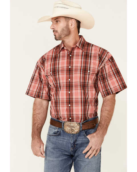 Image #1 - Panhandle Men's Large Plaid Print  Short Sleeve Snap Western Shirt , Red, hi-res