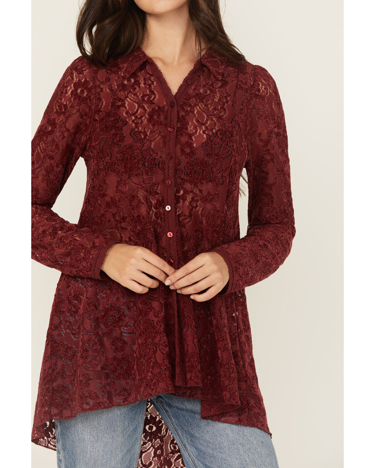 Image #3 - Beyond The Radar Women's Velvet Lace Long Sleeve Tunic, Burgundy, hi-res