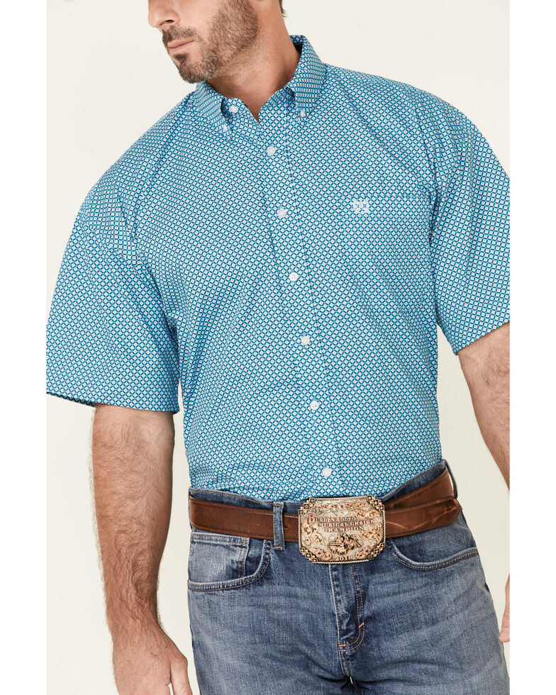 Panhandle Select Men's Turquoise Small Geo Print Short Sleeve Button-Down Western Shirt , Blue, hi-res