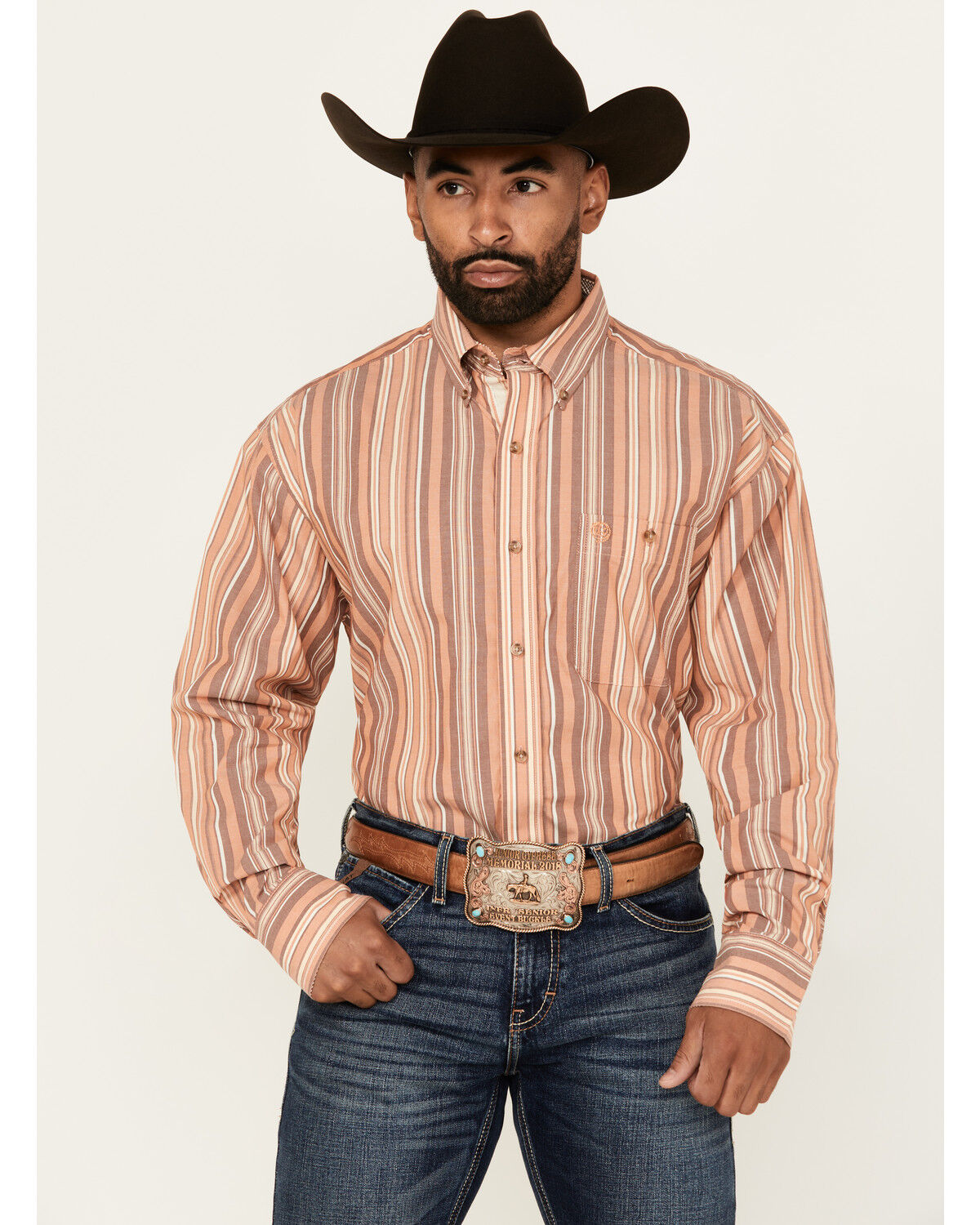 Image #1 - George Strait by Wrangler Men's Striped Long Sleeve Button-Down Stretch Western Shirt - Big, Multi, hi-res