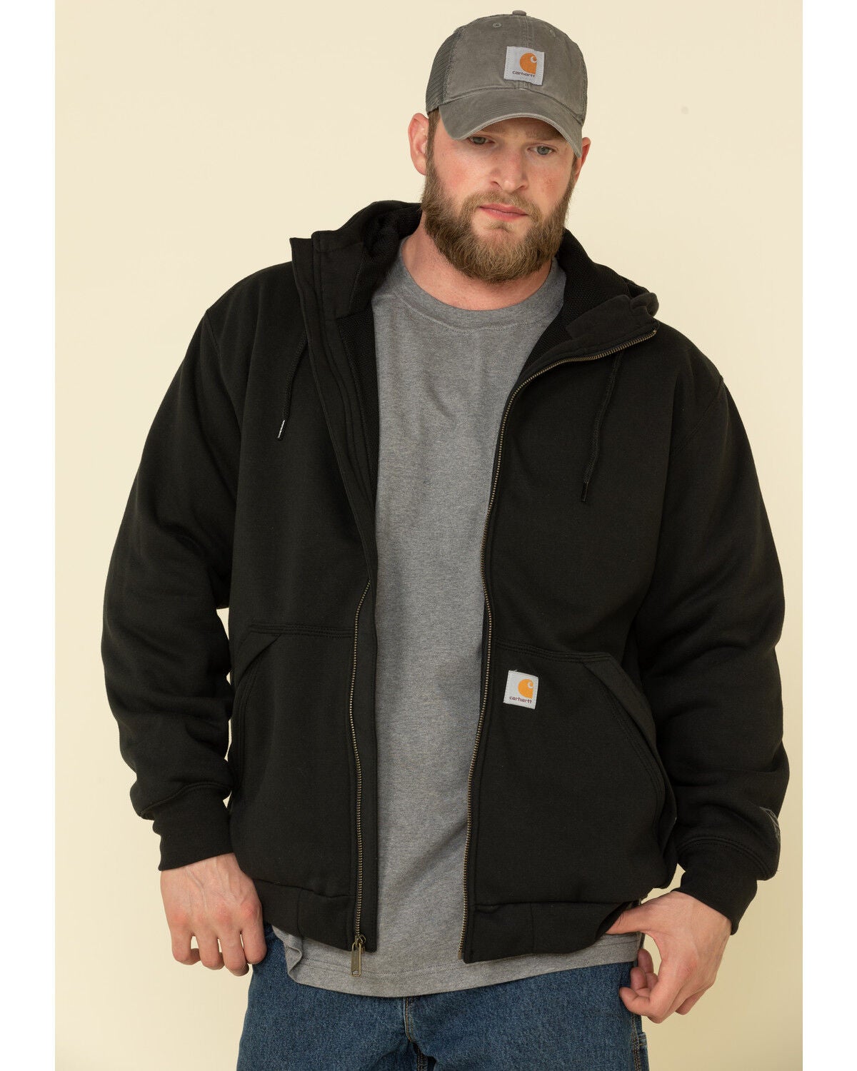 Carhartt Men's Rain Defender Thermal Lined Zip Work Hooded Sweatshirt - Tall, Black, hi-res