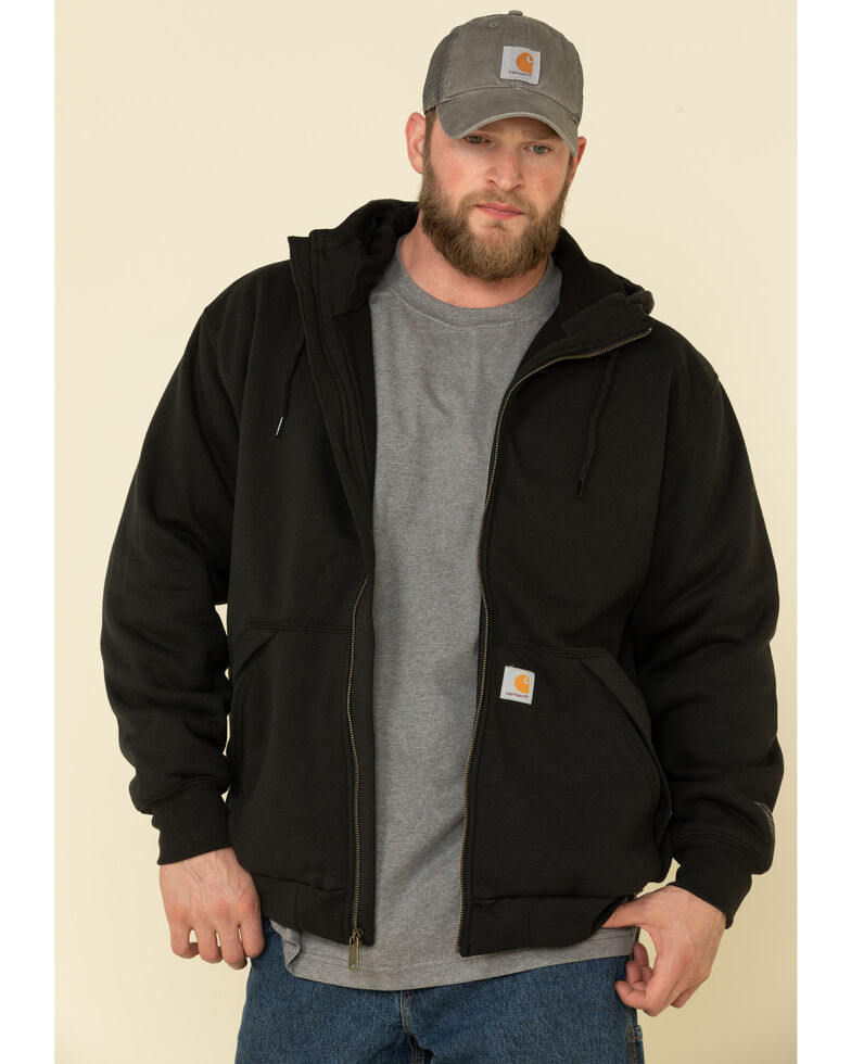 Carhartt Men's Black Rain Defender Thermal Lined Zip Work Hooded Sweatshirt - Tall, Black, hi-res
