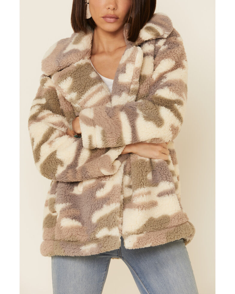 Z Supply Women's Multi Bone Camo Faux Fur Sherpa Jacket , Cream, hi-res