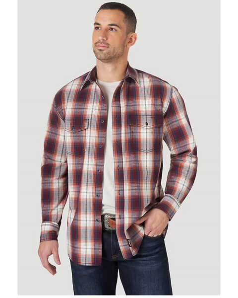 Wrangler Retro Premium Men's Burgundy Plaid Long Sleeve Button-Down Western Shirt , Burgundy, hi-res