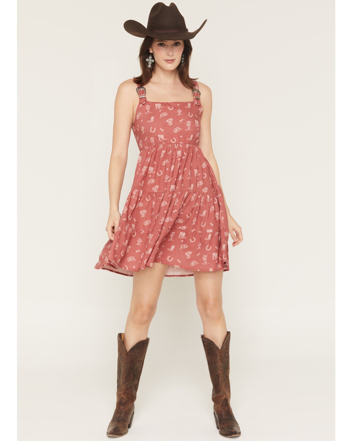 Wild Moss Women's Buckle Strap Western Print Mini Dress, Rust Copper, hi-res