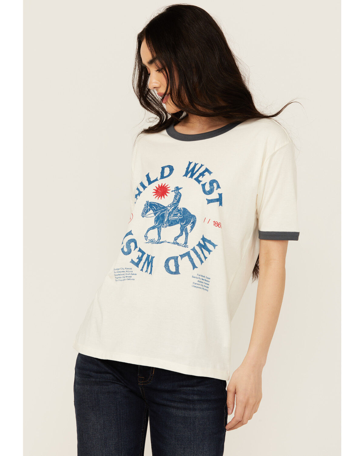 Image #1 - Girl Dangerous Women's Wild West Short Sleeve Ringer Tee, White, hi-res