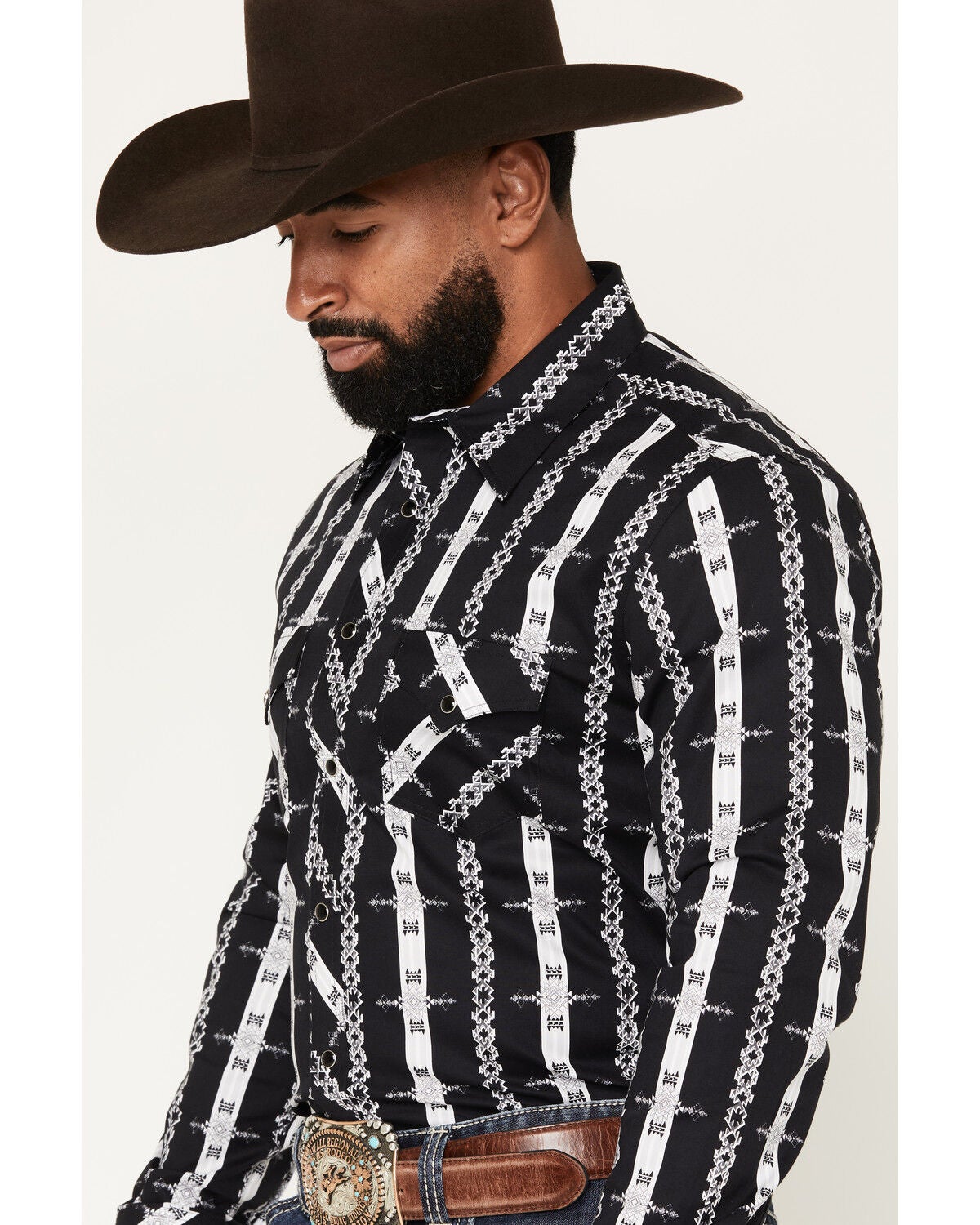 Image #2 - Rock & Roll Denim Men's Southwestern Striped Long Sleeve Snap Stretch Western Shirt, Black, hi-res