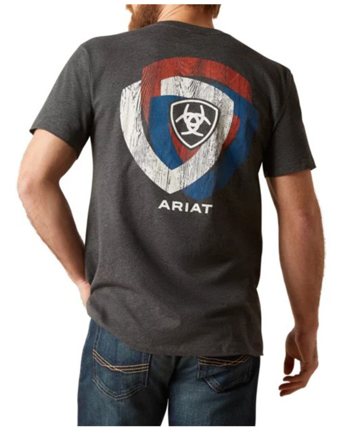 Image #1 - Ariat Men's Wooden Badges Logo Short Sleeve Graphic T-Shirt, Charcoal, hi-res