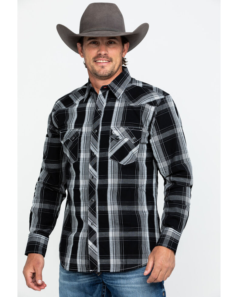 Wrangler Retro Men's Black Large Plaid Long Sleeve Western Shirt - Tall , Black, hi-res