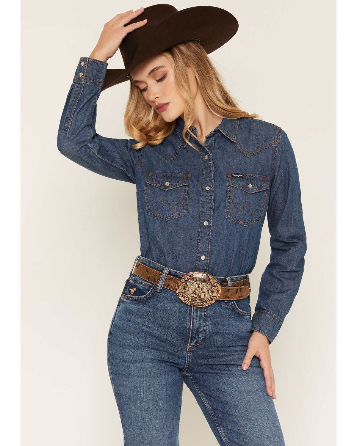 Wrangler Women's Dark Wash Long Sleeve Pearl Snap Denim Western Shirt, Blue, hi-res
