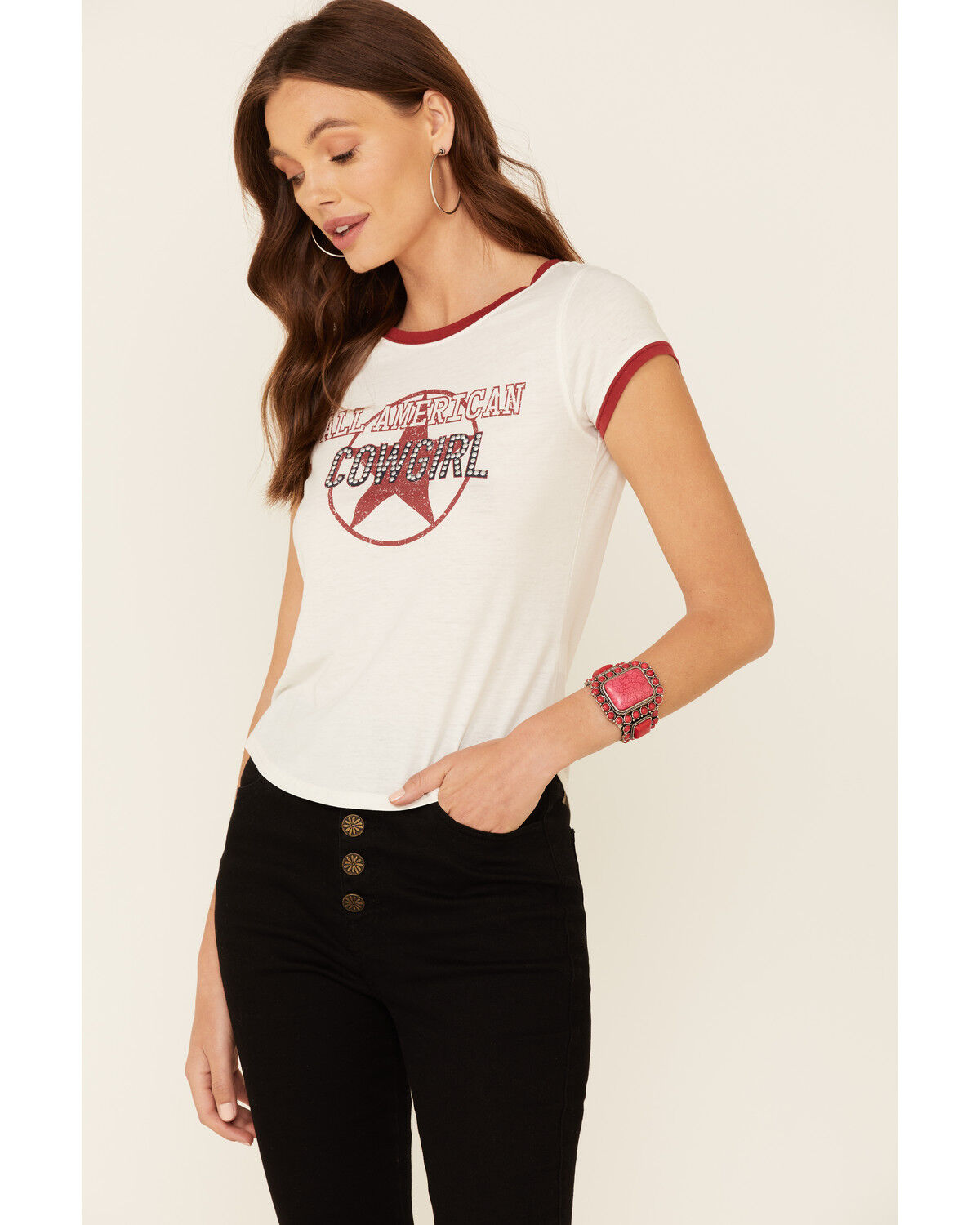 Image #1 - Shyanne Women's All-American Cowgirl Graphic Short Sleeve Ringer Tee, White, hi-res