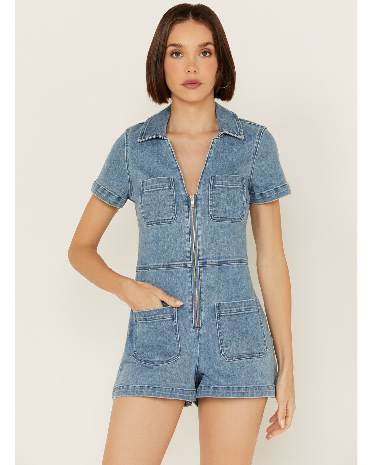 Image #1 - Show Me Your Mumu Women's Short Sleeve Zip Romper, Blue, hi-res