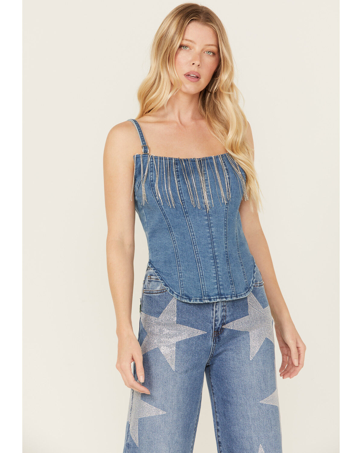 Image #1 - Rock & Roll Denim Women's Medium Wash Metal Fringe Denim Corset, Medium Wash, hi-res