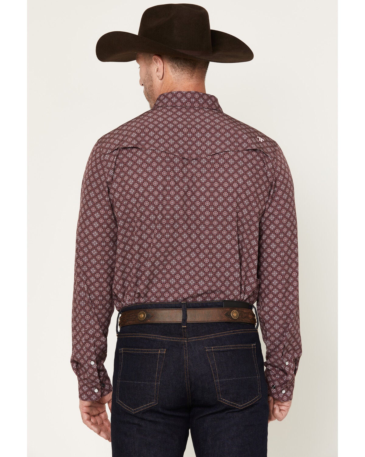 Image #4 - Ferrell Men's Sutton Tek Medallion Print Long Sleeve Pearl Snap Stretch Western Shirt, Burgundy, hi-res