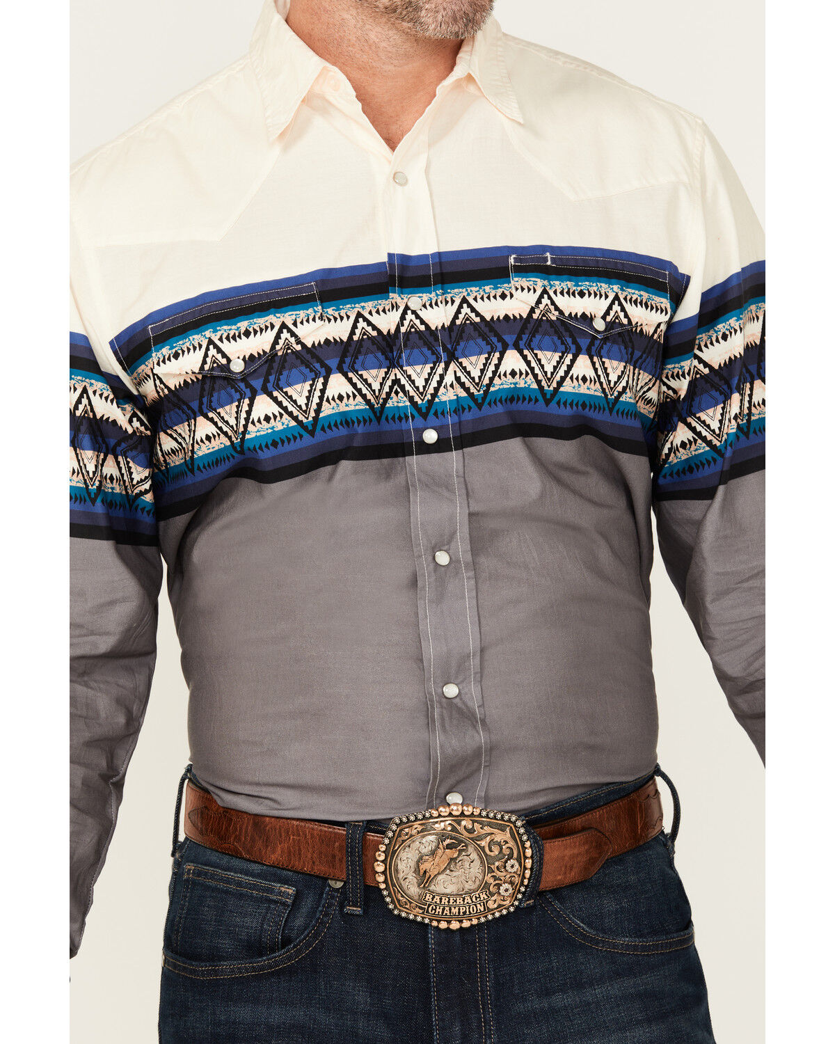 Image #3 - Roper Men's Vintage Southwestern Border Long Sleeve Pearl Snap Western Shirt, Blue, hi-res