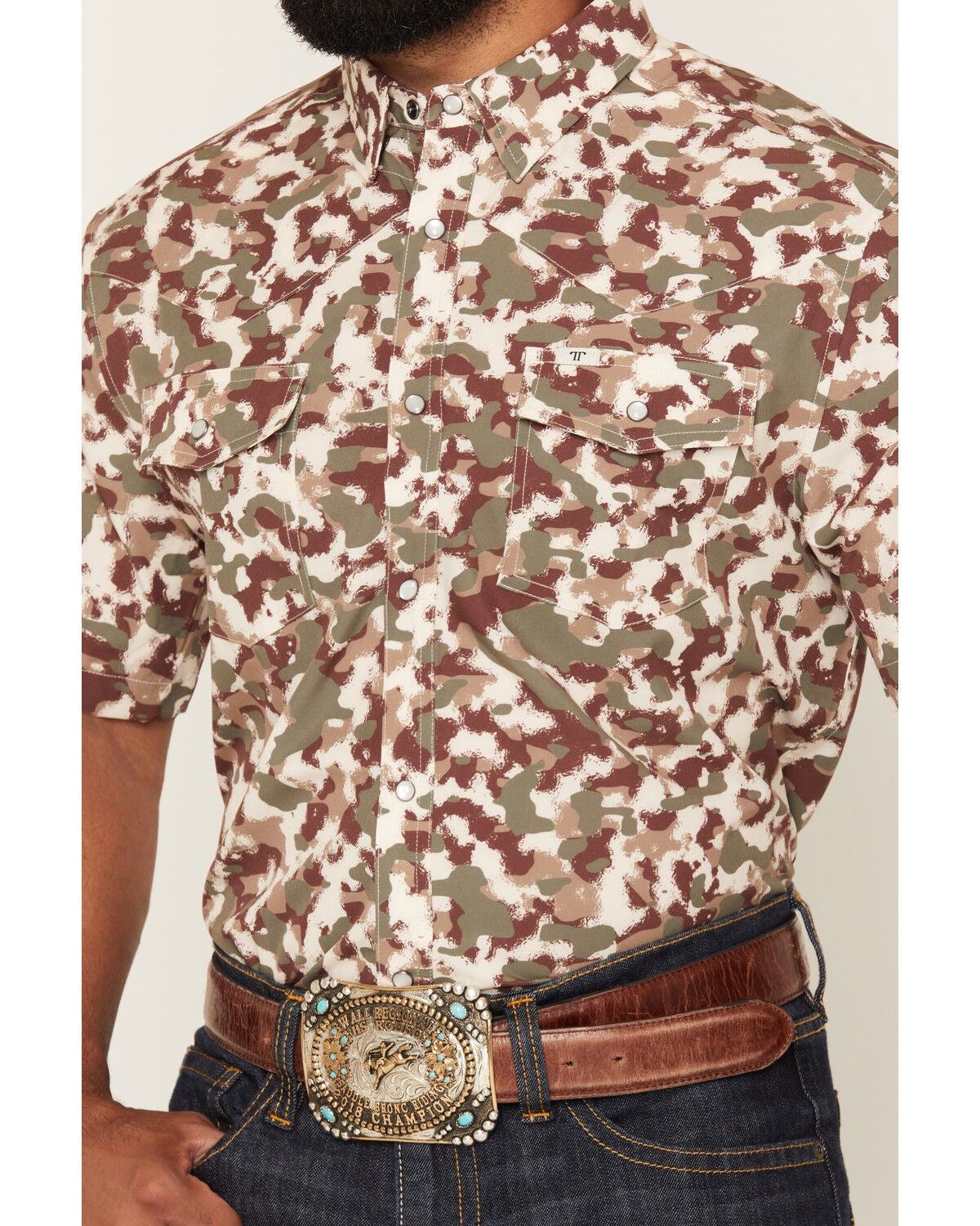 Image #3 - Ferrell Men's Tek Camo Print Short Sleeve Pearl Snap Stretch Performance Western Shirt, Brown, hi-res