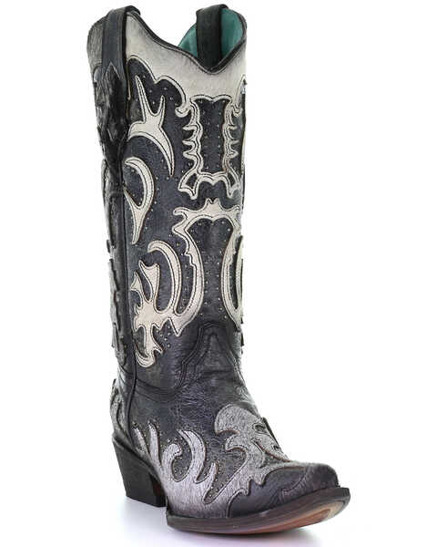 Corral Women's Gray Fur Overlay Western Boots - Snip Toe, Black, hi-res