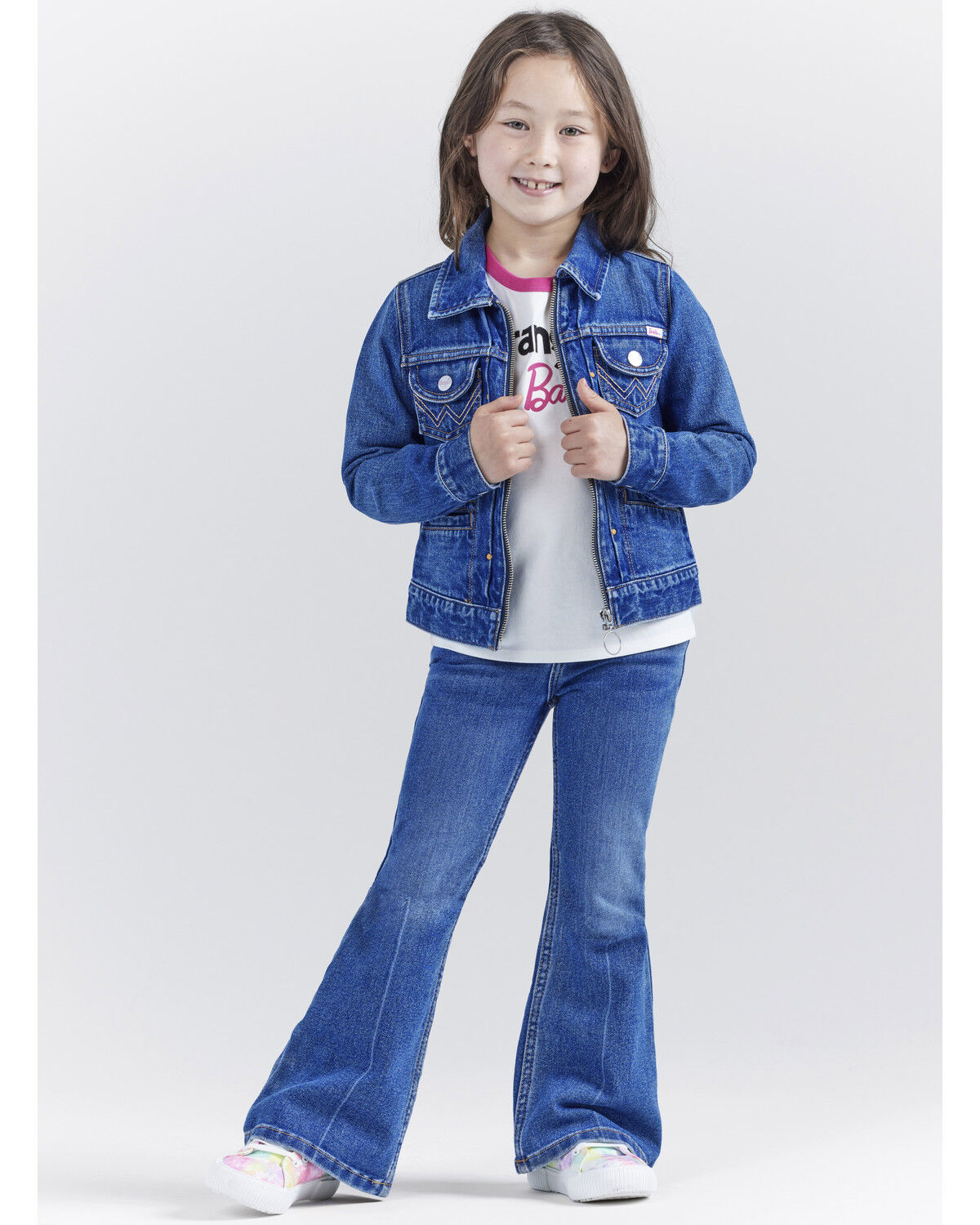 Image #2 - Wrangler® X Barbie™ Girls' Medium Wash Zip-Up Logo Denim Jacket, , hi-res