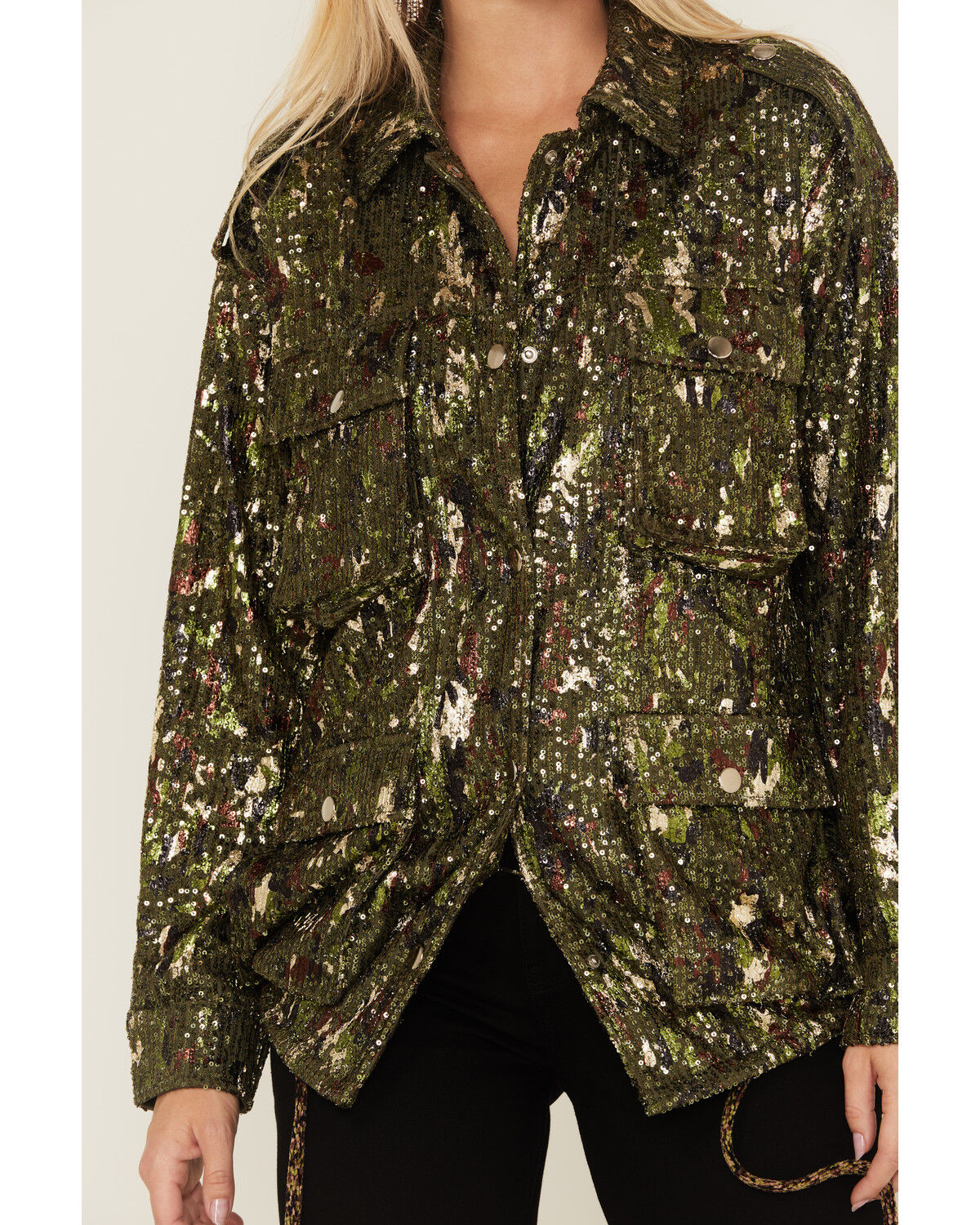 Image #3 - Miss Me Women's Camo Print Sequins Utility Jacket, Green, hi-res