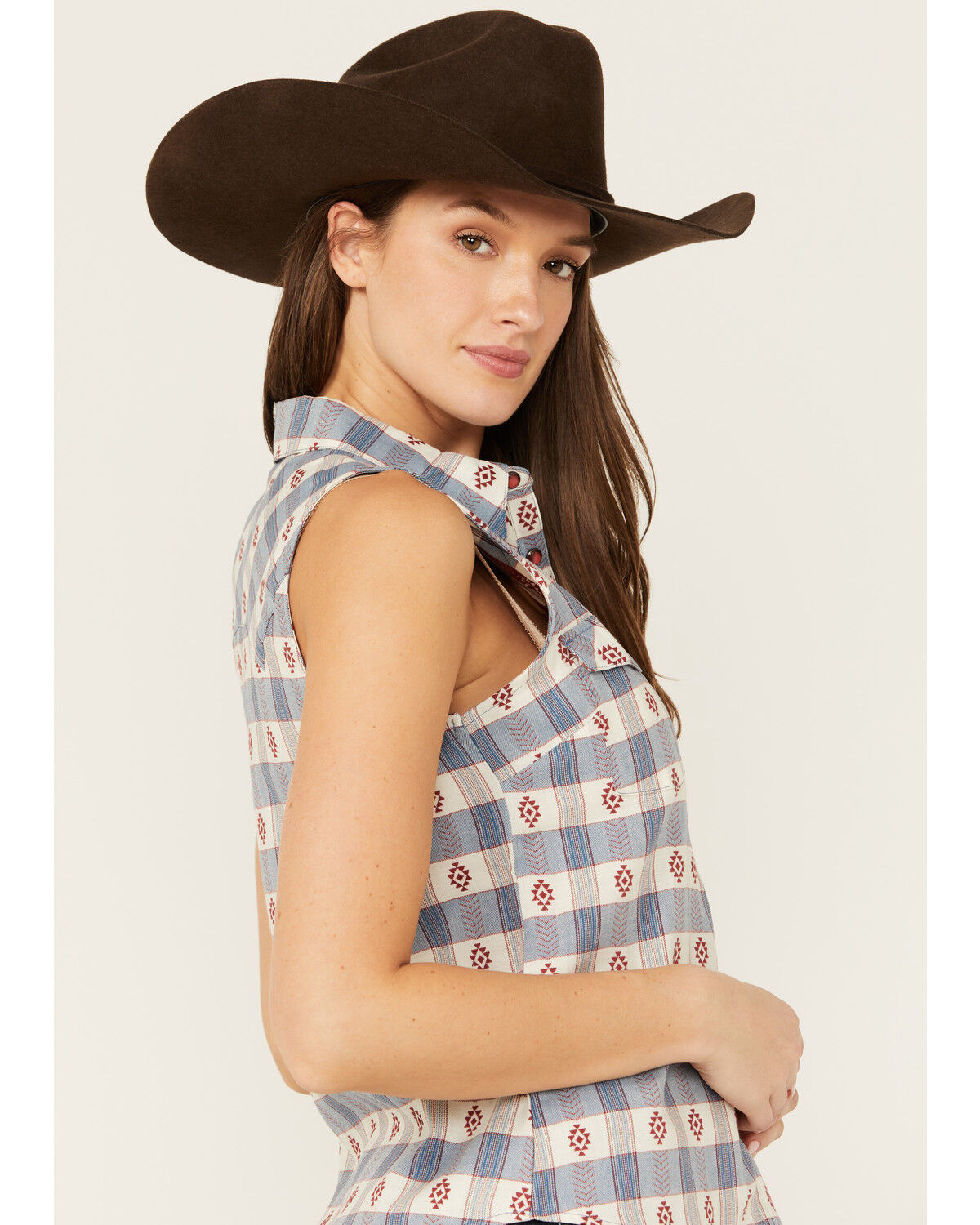 Image #2 - Shyanne Women's Casper Checkered Print Sleeveless Pearl Snap Western Shirt, Royal Blue, hi-res
