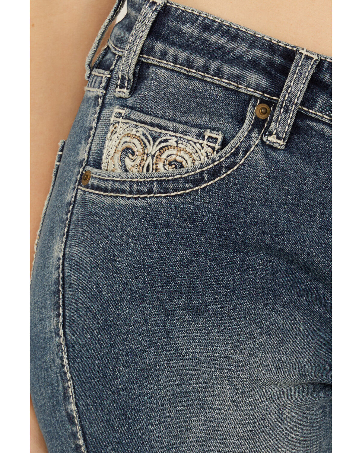 Image #4 - Rock & Roll Denim Women's Medium Wash Mid Rise Leather Embroidered Bootcut Stretch Denim Jeans, Medium Wash, hi-res