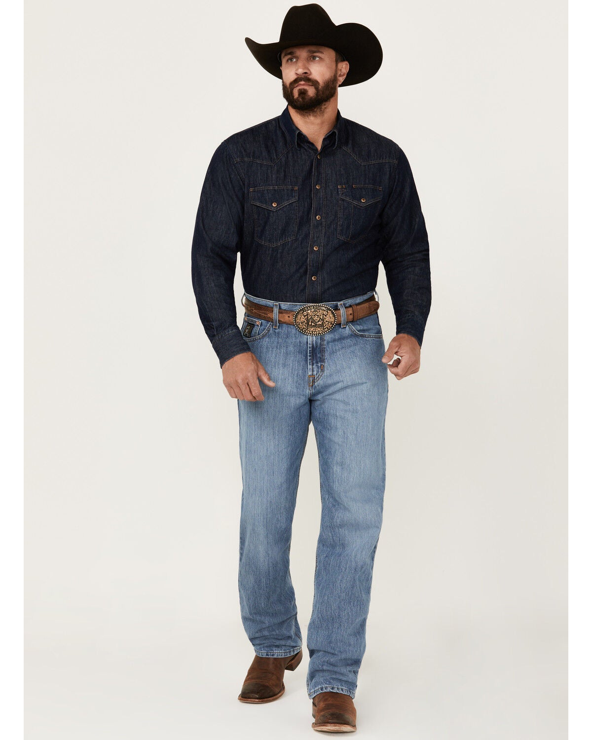 Cinch Men's Black Label Medium Wash Loose Tapered Rigid Denim Jeans, Blue, hi-res