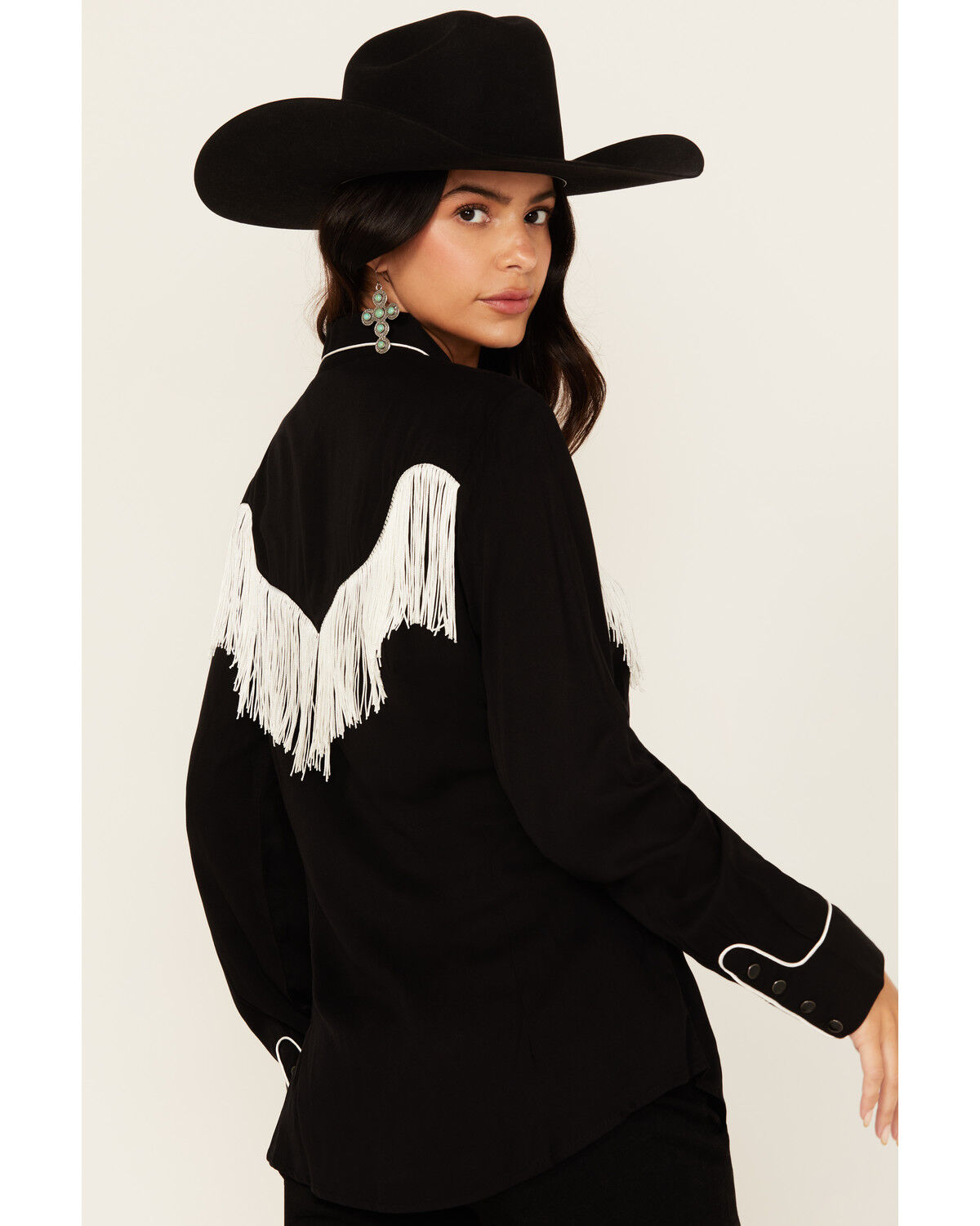 Image #3 - Wrangler Women's Fringe Long Sleeve Snap Western Shirt, Black, hi-res