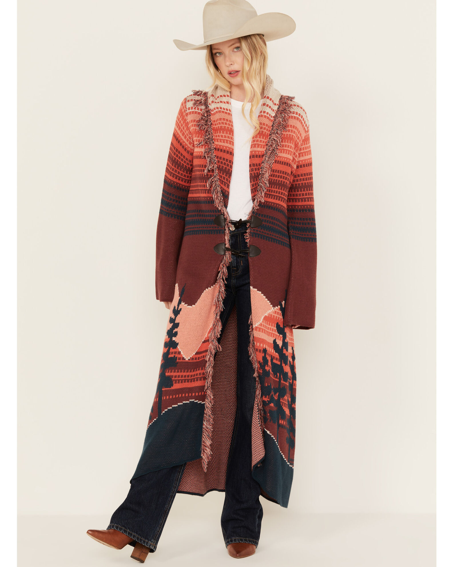 Powder River Outfitters Women s Scenic Print Fringe Cape Duster
