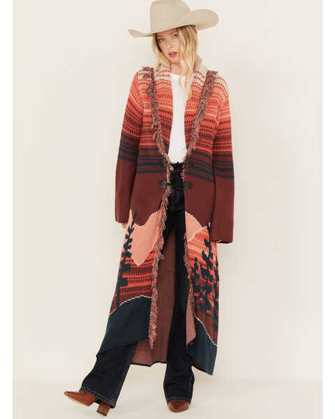 Powder River Outfitters Women's Scenic Print Fringe Cape Duster, Rust Copper, hi-res