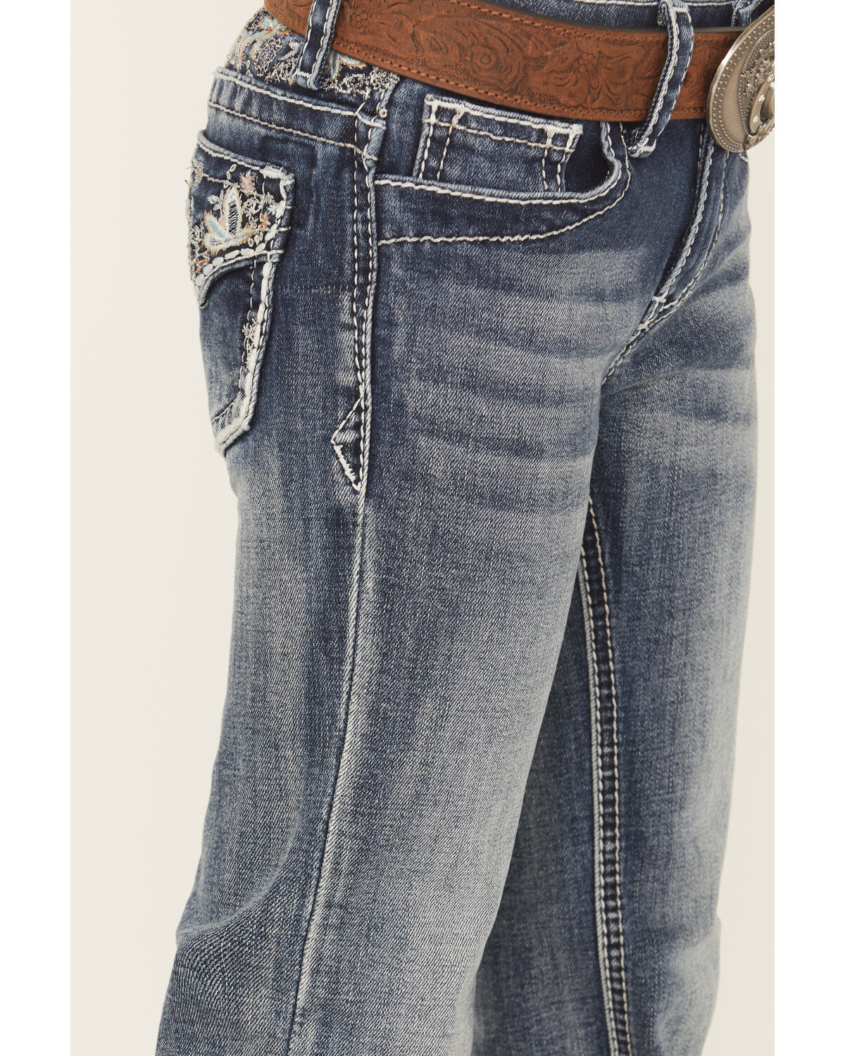Image #4 - Grace in LA Girls' Medium Wash Floral Embroidered Bootcut Stretch Denim Jeans, Blue, hi-res