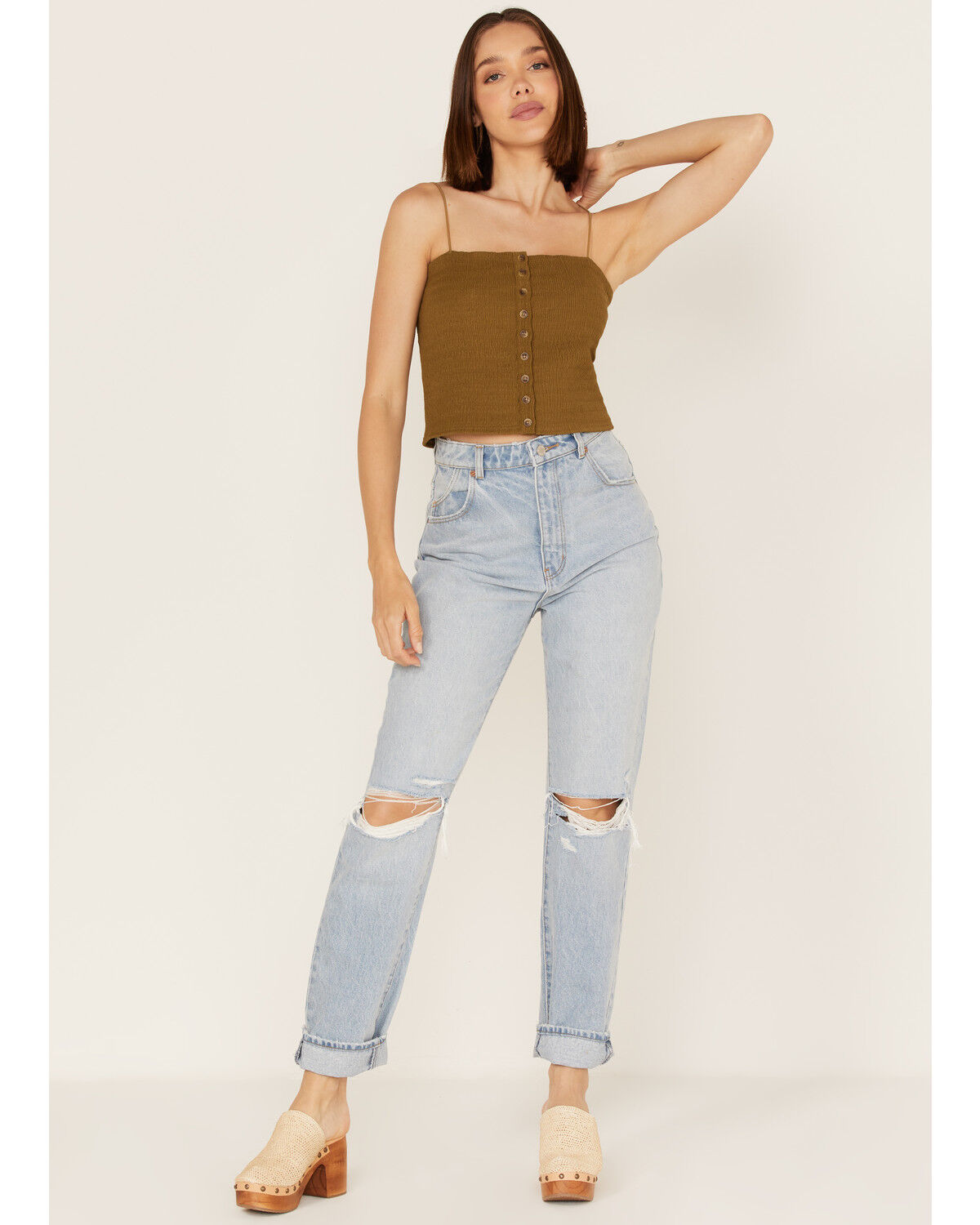 Image #2 - Cleo + Wolf Women's Smocked Button Front Tank, Green/brown, hi-res