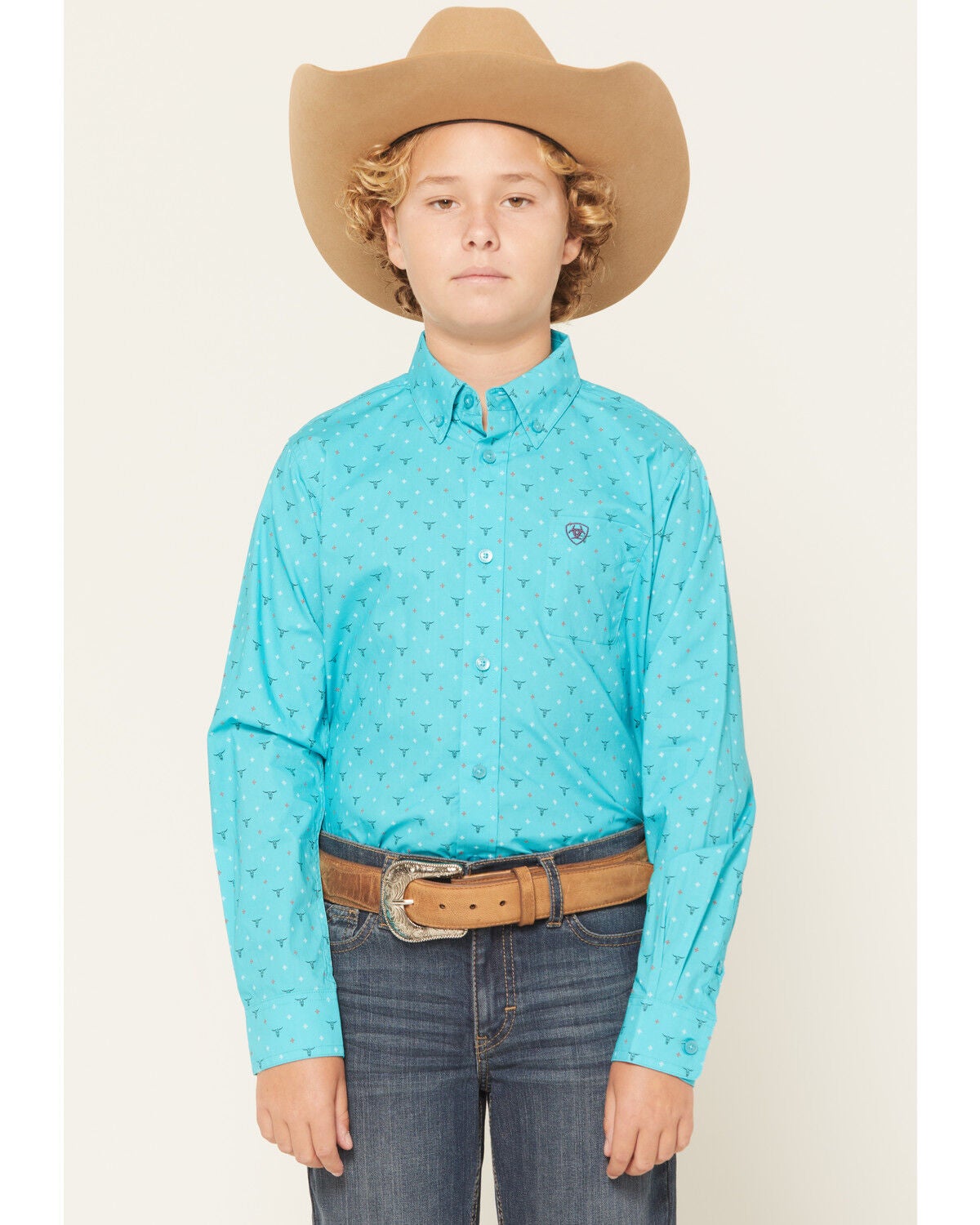 Ariat Boys' Steer Print Long Sleeve Button-Down Western Shirt, Blue, hi-res