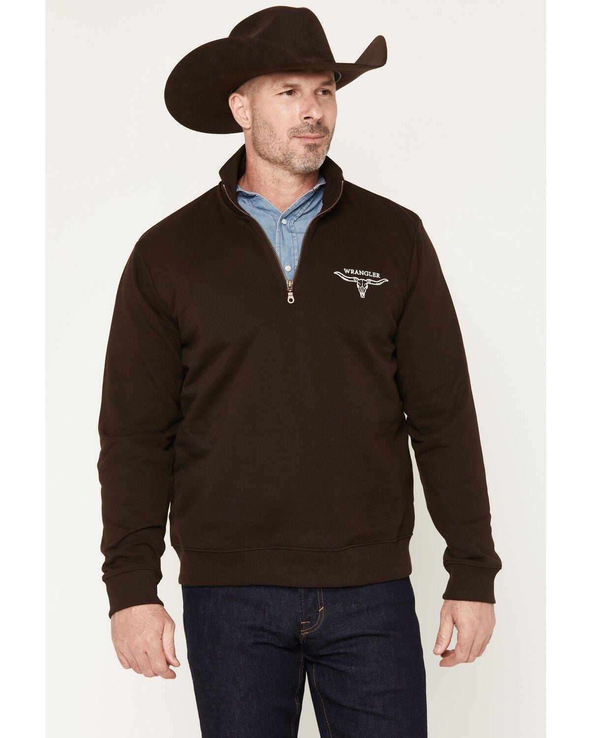 Wrangler Men's Solid Steer Head 1/4 Zip Pullover, Brown, hi-res