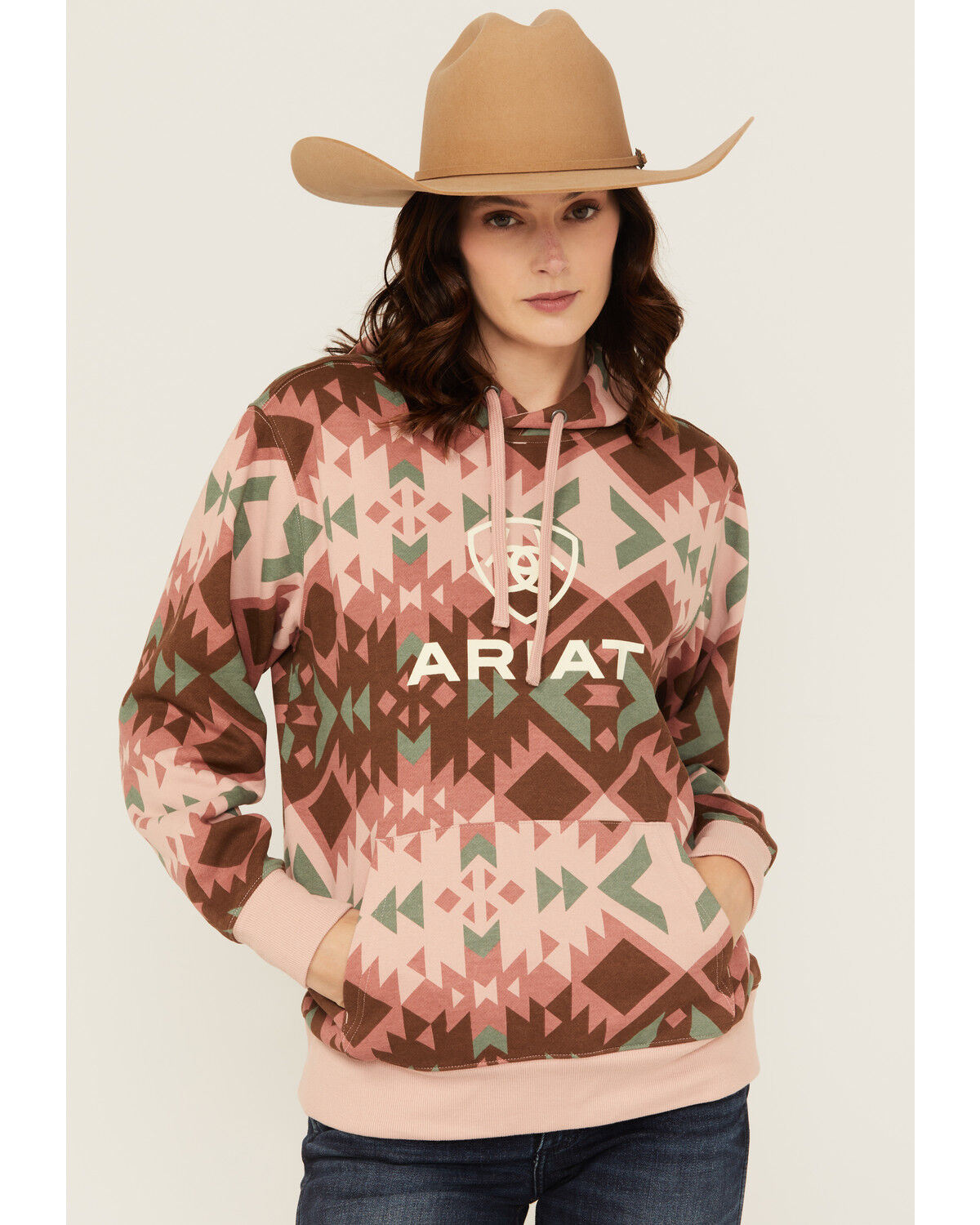Image #1 - Ariat Women's Boot Barn Exclusive Southwestern Print Logo Hoodie, Pink, hi-res