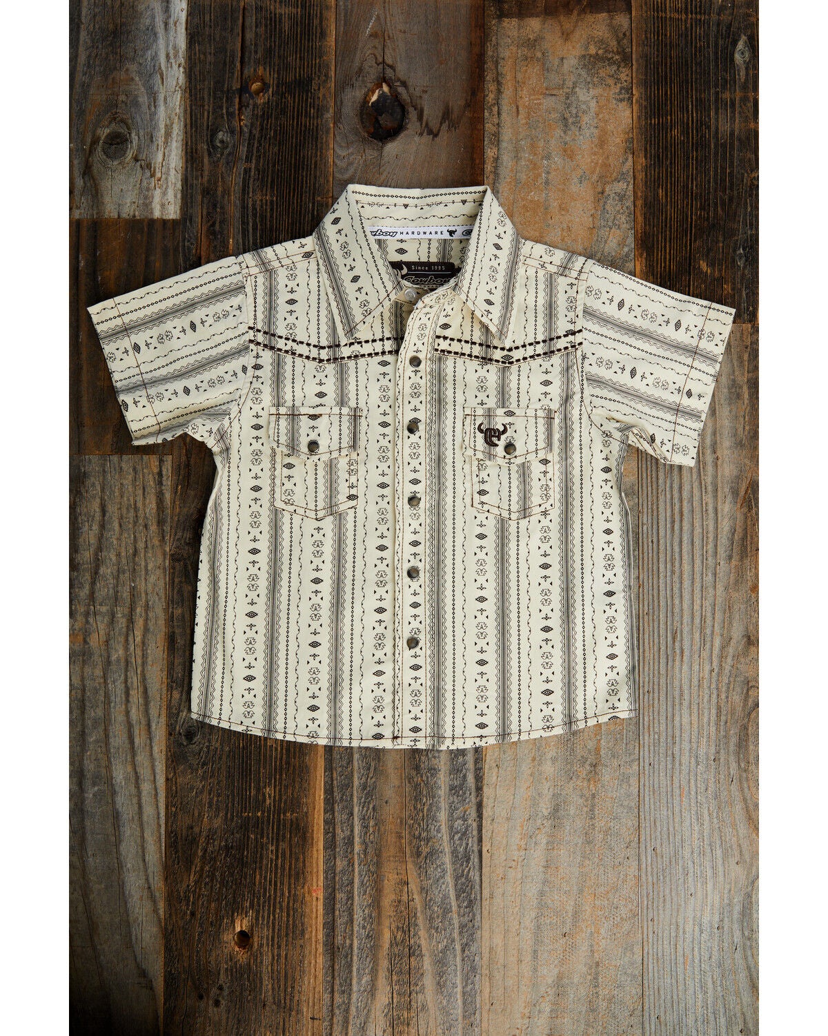 Cowboy Hardware Toddler Boys' Southwestern Striped Short Sleeve Snap Stretch Western Shirt, Brown, hi-res