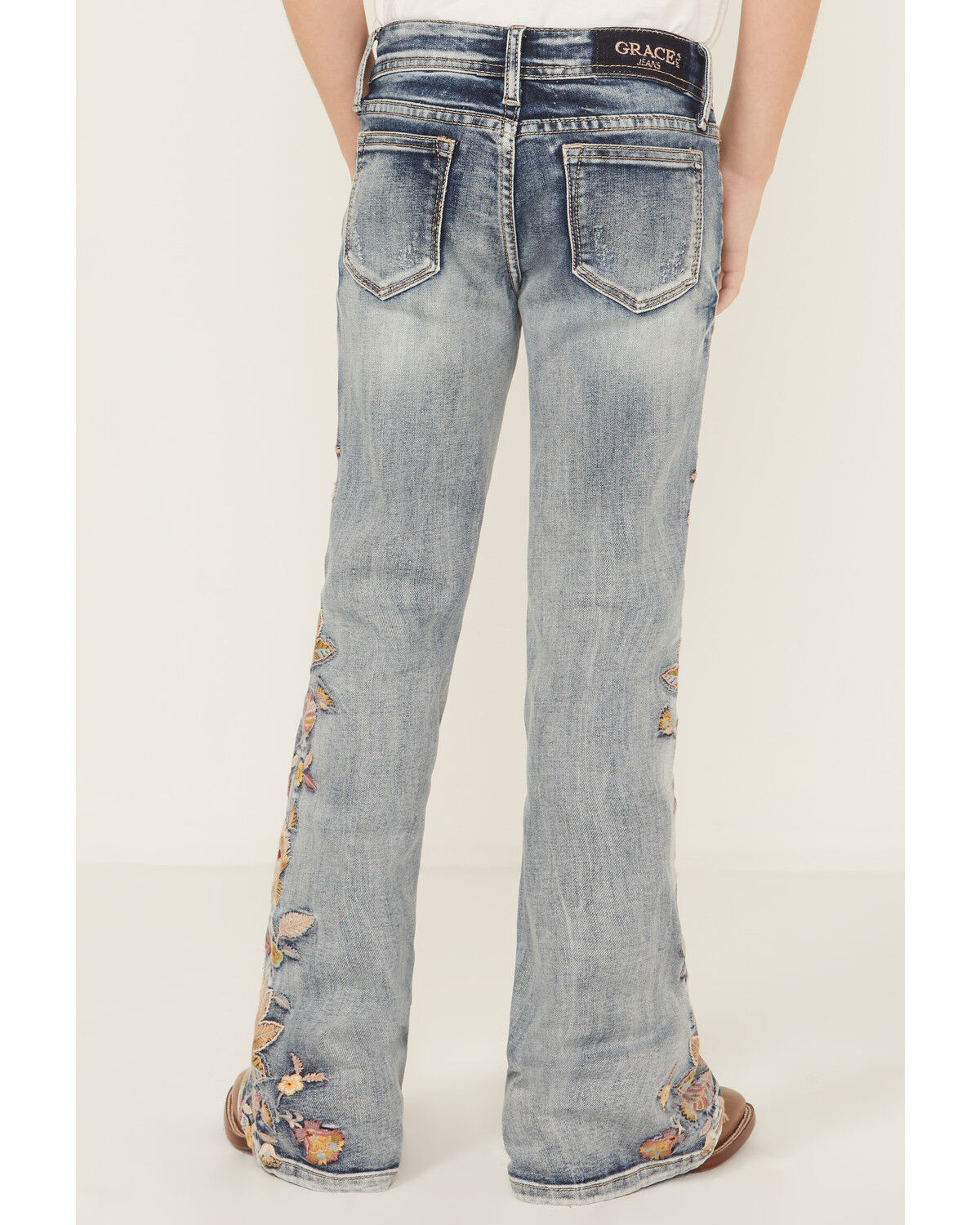 Image #3 - Grace in LA Girls' Light Wash Floral Embroidered Flare Denim Jeans, Medium Wash, hi-res