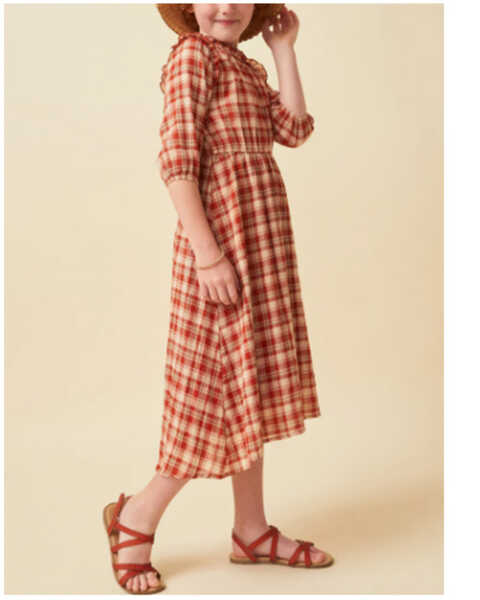 Hayden Girls' Plaid Print Ruffle Puff Sleeve Midi Dress, Rust Copper, hi-res