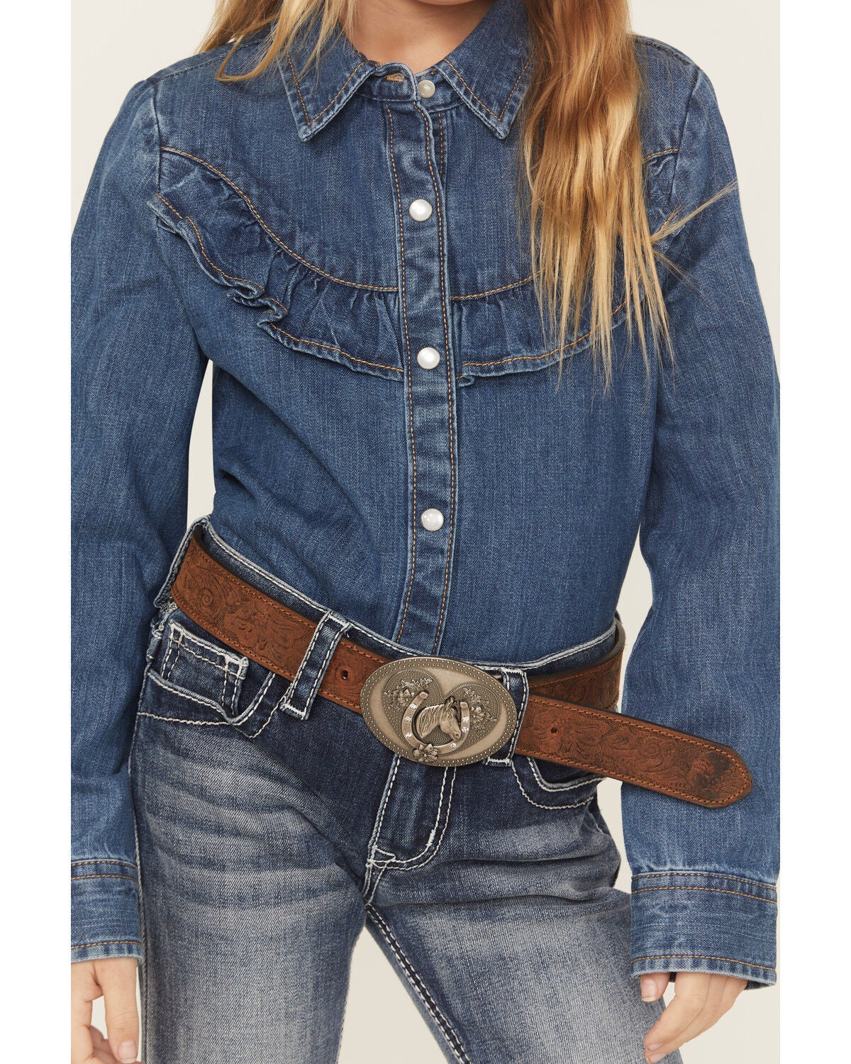 Image #3 - Wrangler Girls' Ruffle Button Long Sleeve Pearl Snap Western Shirt, Dark Wash, hi-res
