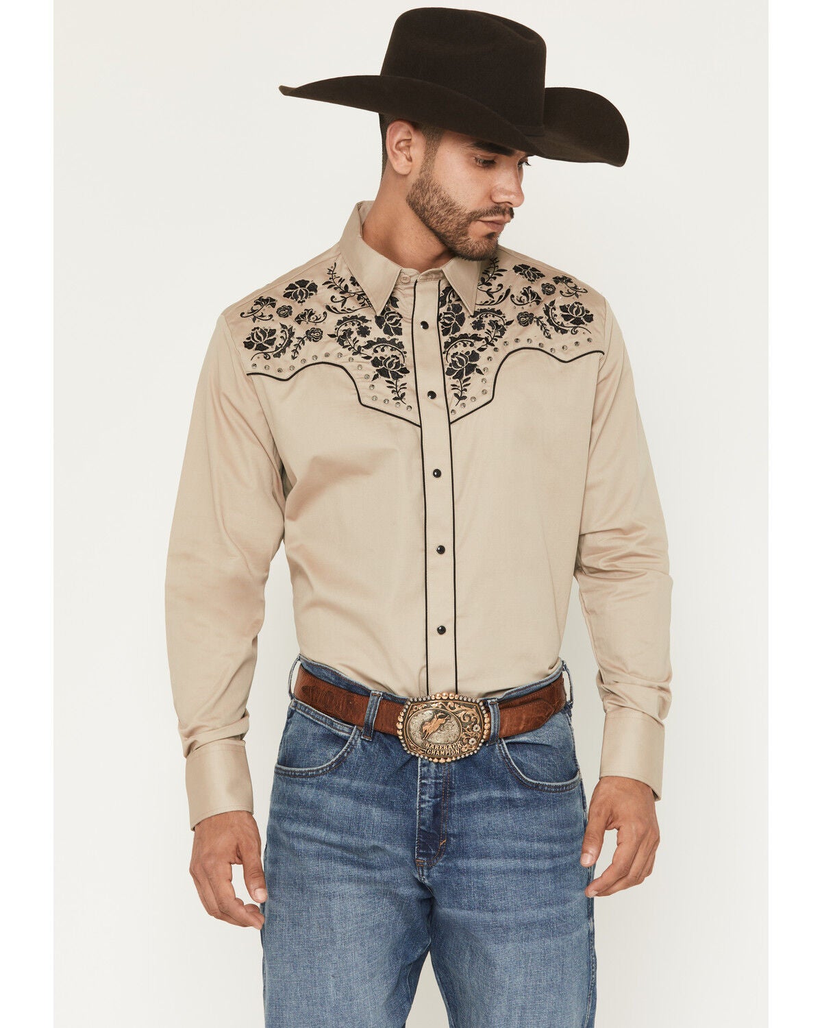 Image #1 - Rodeo Clothing Men's Embroidered Embellished Long Sleeve Snap Western Shirt, Tan, hi-res