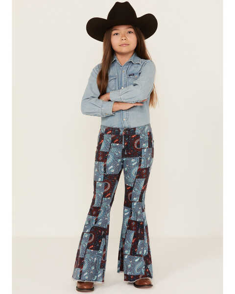 Image #1 - Rock & Roll Denim Girls' Patchwork Print Flare Jeans, Multi, hi-res