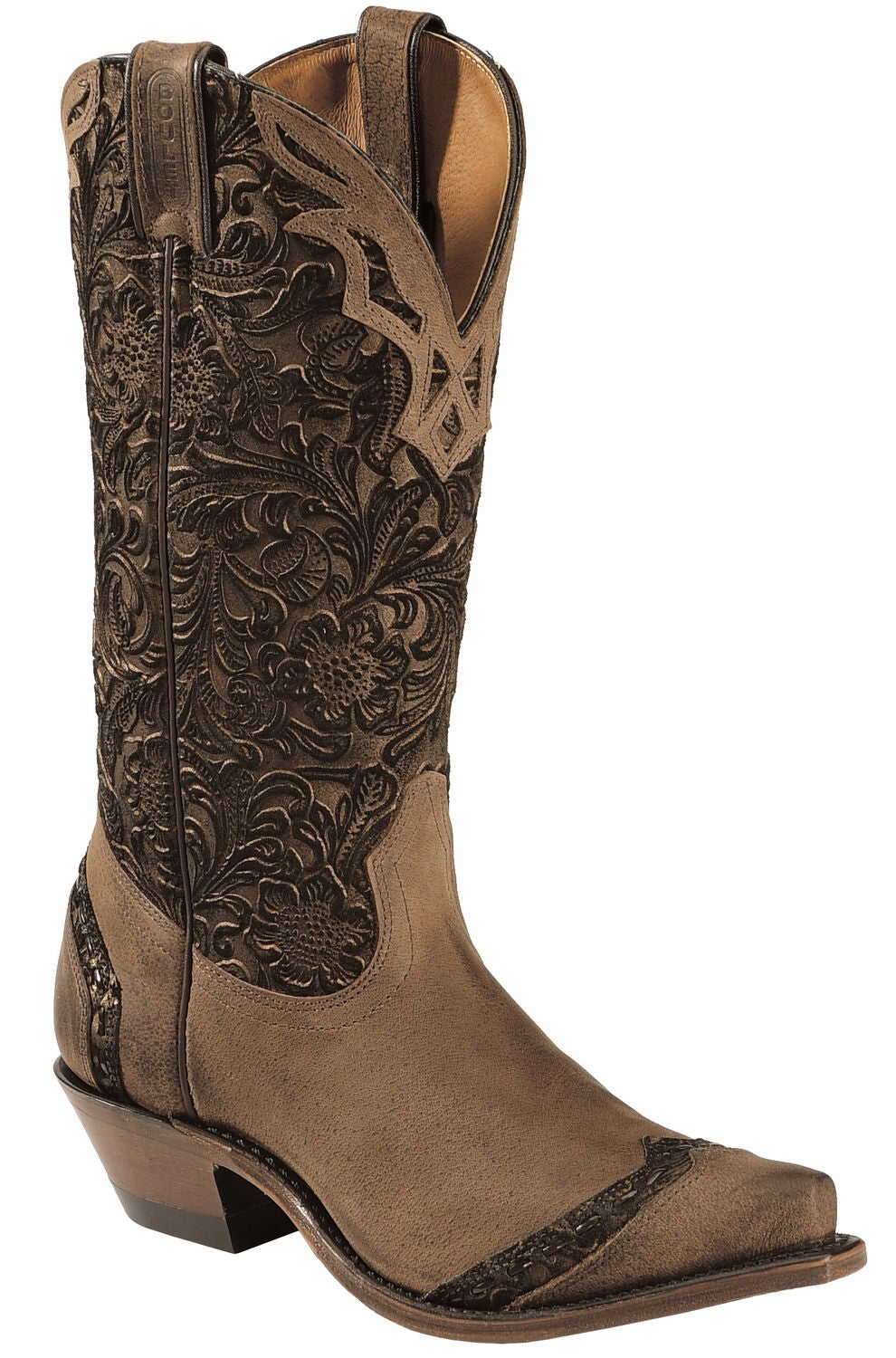 Image #1 - Boulet Women's Fancy Hand Tooled Inlay Western Boots - Snip Toe, Tobacco, hi-res