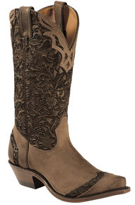 Boulet Women's Fancy Hand Tooled Inlay Western Boots - Snip Toe, Tobacco, hi-res