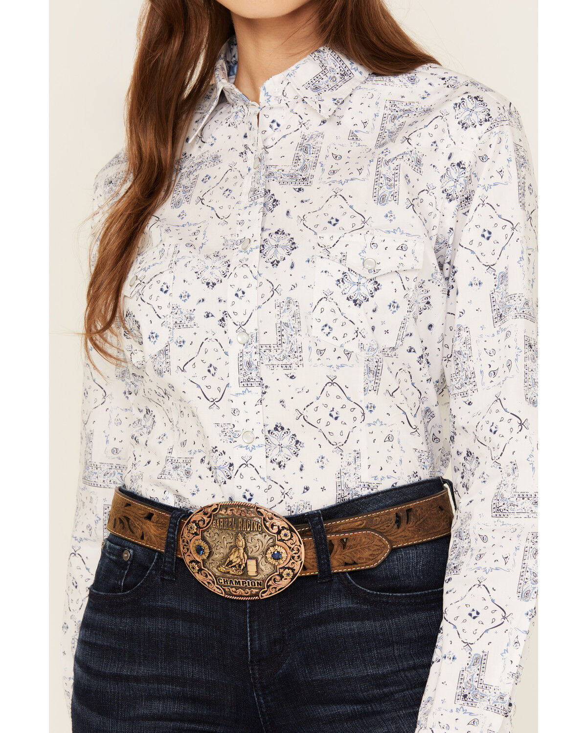 Image #3 - Rough Stock by Panhandle Women's Bandana Print Long Sleeve Pearl Snap Stretch Western Shirt, Blue, hi-res