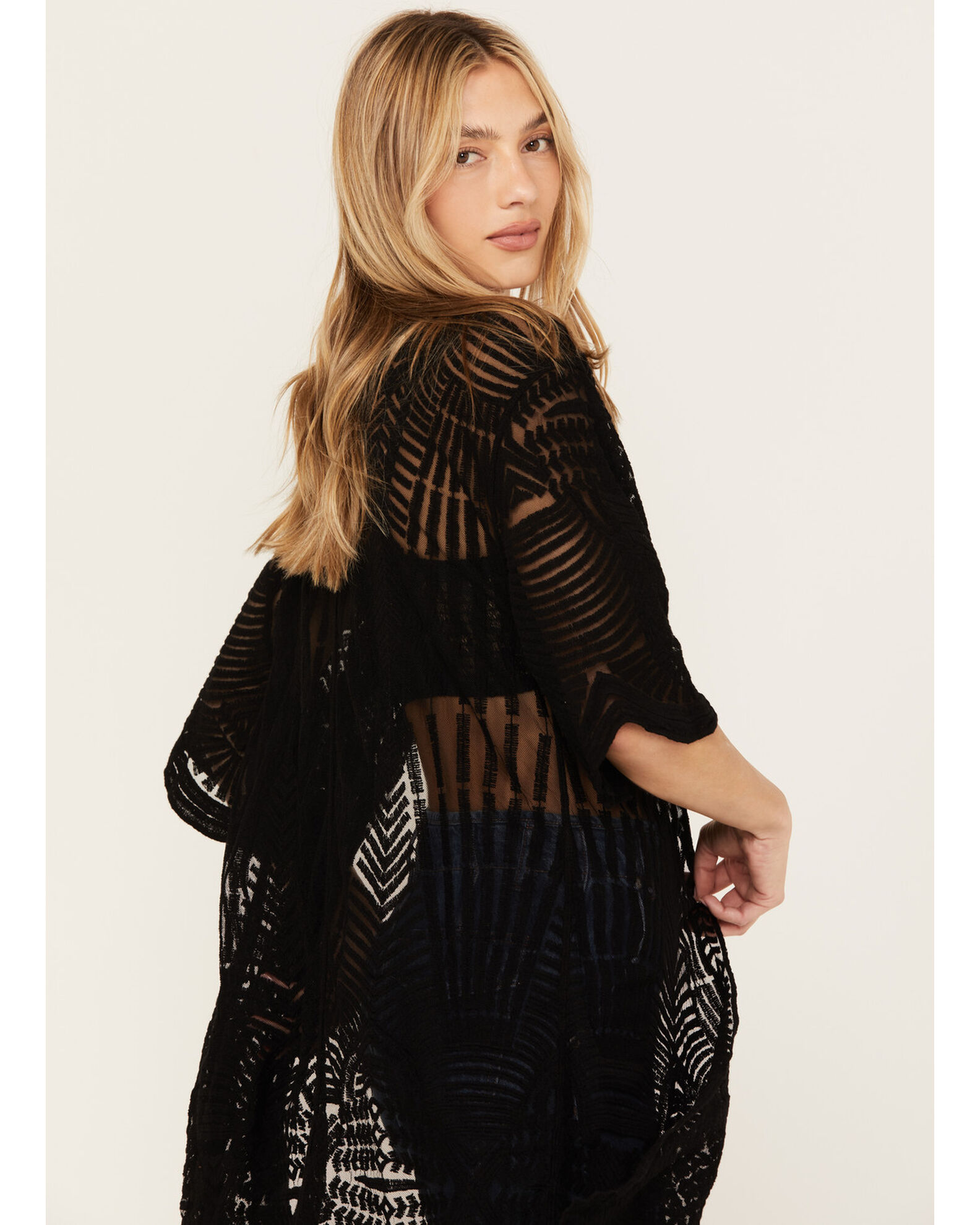 Image #4 - Shyanne Women's Geo Print Lace Short Sleeve Kimono, Black, hi-res
