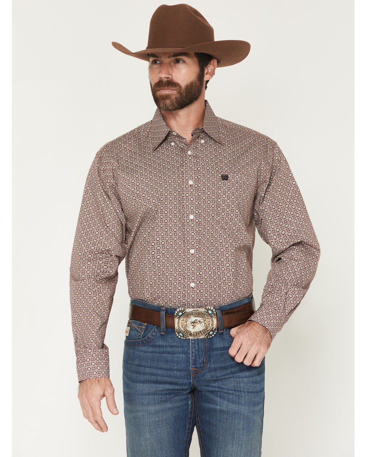 Cinch Men's Medallion Print Long Sleeve Button-Down Western Shirt, Burgundy, hi-res